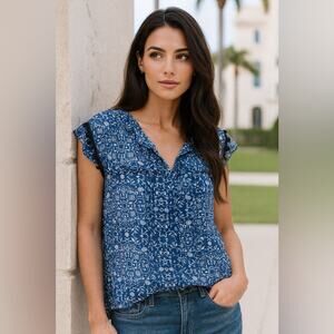 Misa Los Angeles Blue and White Printed Blouse